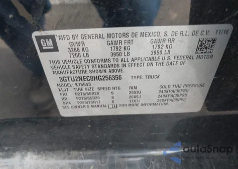 2017 GMC Sierra 1500 Slt из США, поврежденный, VIN 3GTU2NEC8HG256356